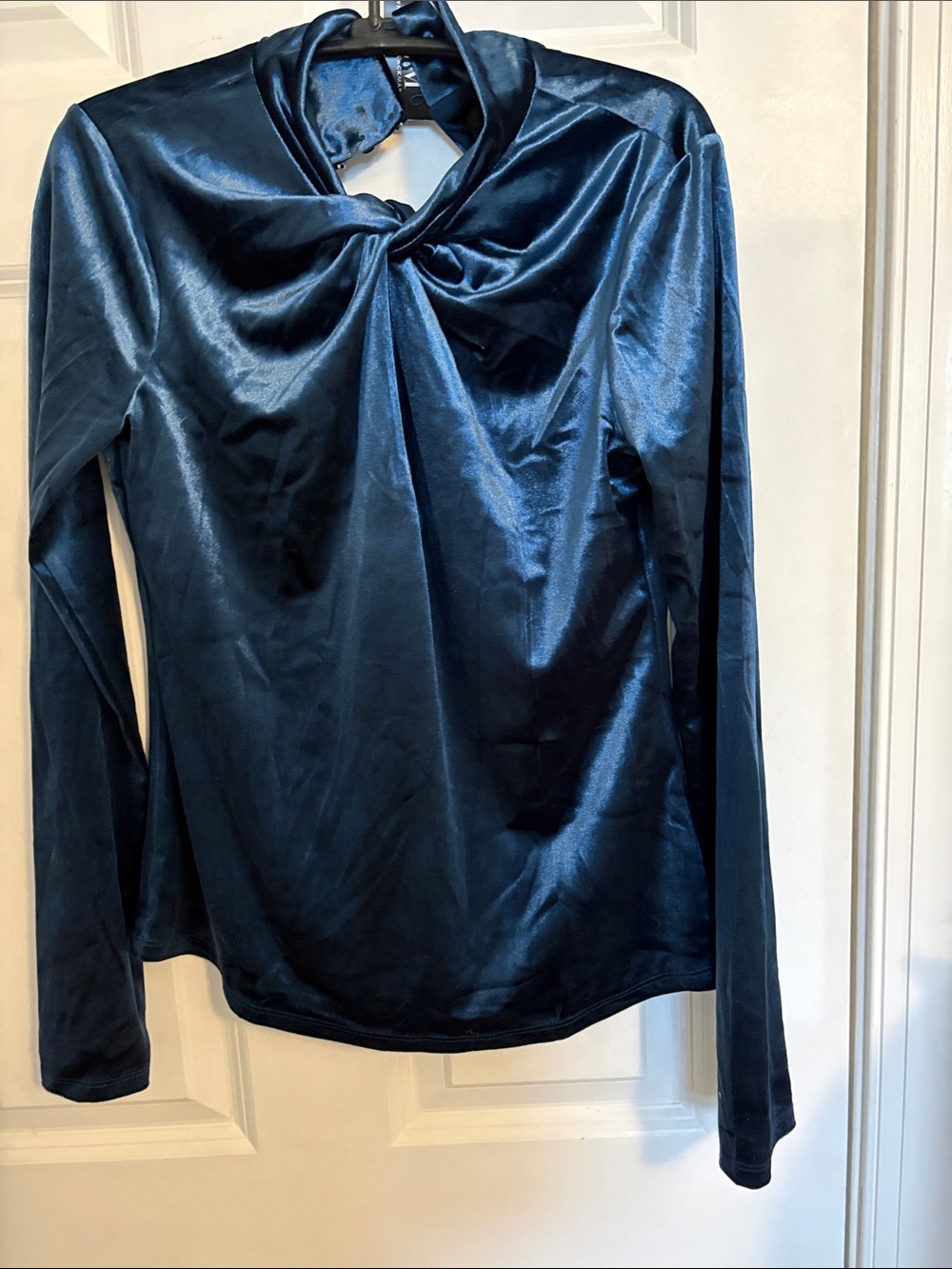 Women’s Satin Twist-Neck Long Sleeve Top- River Teal